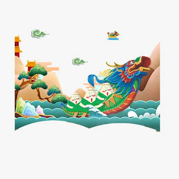 创意蓝色轮船端午节卡通龙舟设计免抠