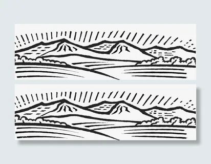 黑白单线简笔画群山湖水免抠 黑白单线简笔画群山湖水免抠