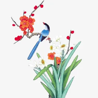 古风彩绘红花蓝鸟白花绿叶免抠