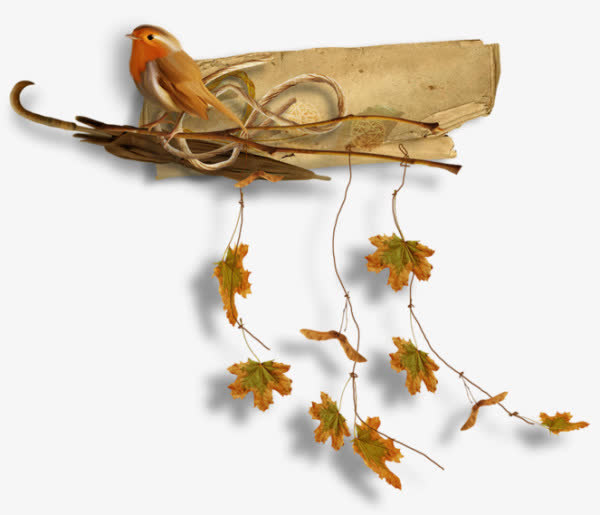 秋天红色小鸟绿色叶子免抠