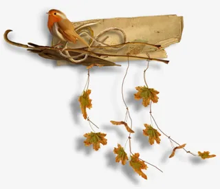 秋天红色小鸟绿色叶子免抠