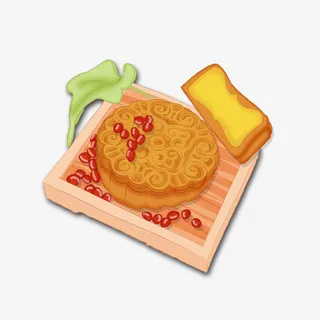 盘子里的月饼手绘月饼绿叶免抠