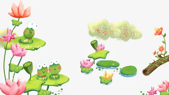 卡通荷花和树枝免抠