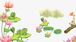 卡通荷花和树枝免抠