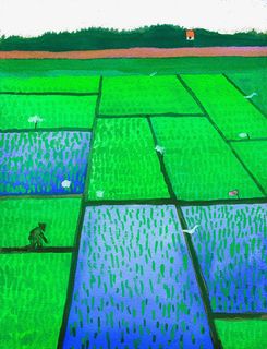 水彩手绘水稻插秧农田插图免抠