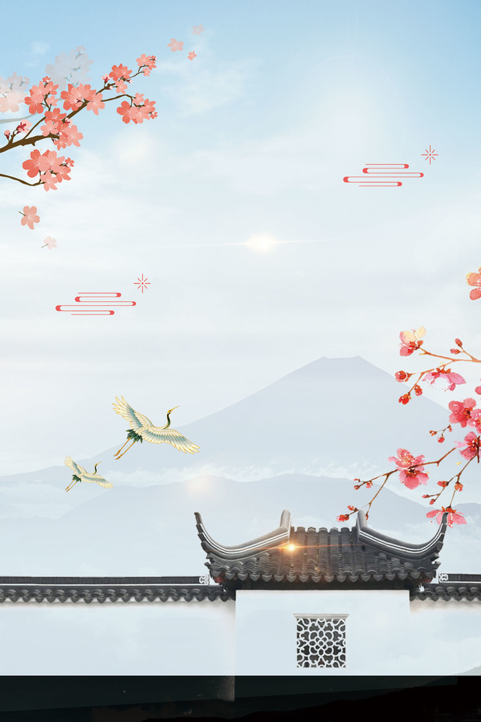 浅蓝色手绘清新传统节气立春中式庭院春天背景高清