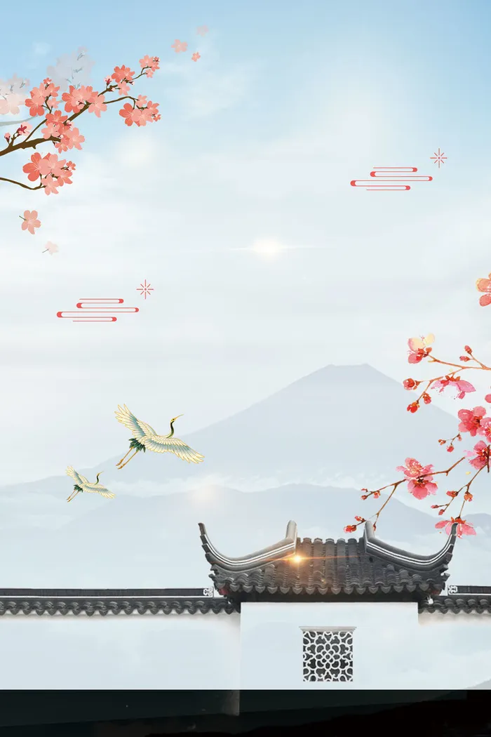 浅蓝色手绘清新传统节气立春中式庭院春天背景高清