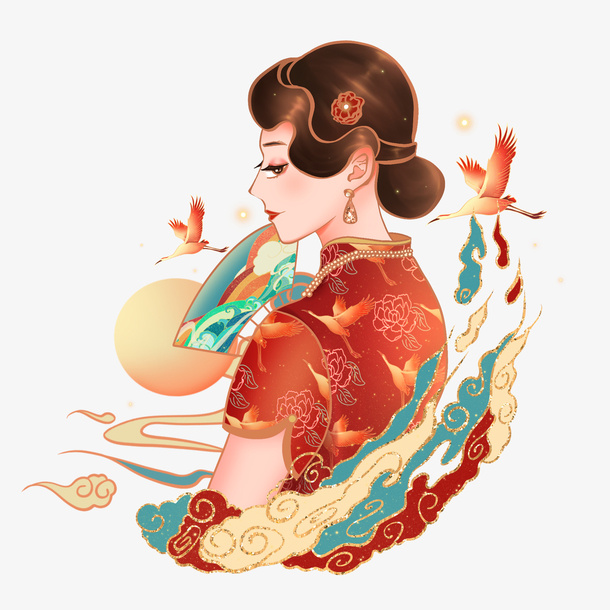 手绘旗袍女子免抠