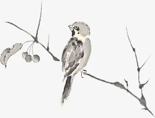 水墨风树枝上小鸟免抠素材免抠