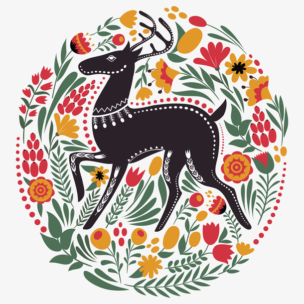 手绘圆形驯鹿花卉装饰画免抠