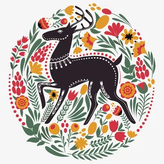 手绘圆形驯鹿花卉装饰画免抠