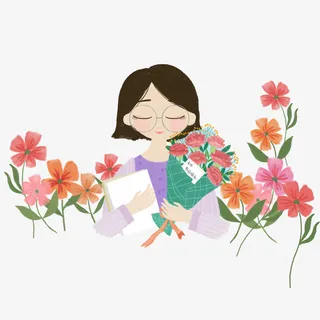 手绘教师节收花的老师人物素材免抠