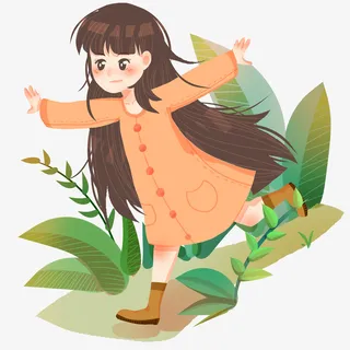 春天女孩游玩手绘免抠