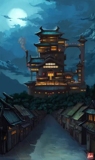 唯美古风建筑夜景插画免抠