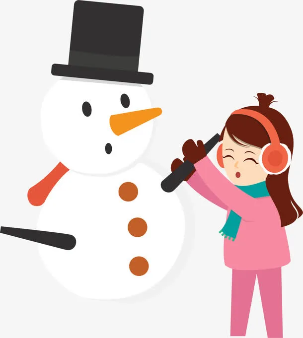 冬季堆雪人的小女孩免抠