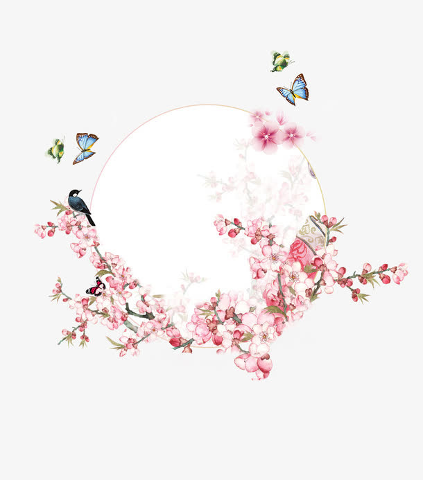 手绘桃花花环边框免抠