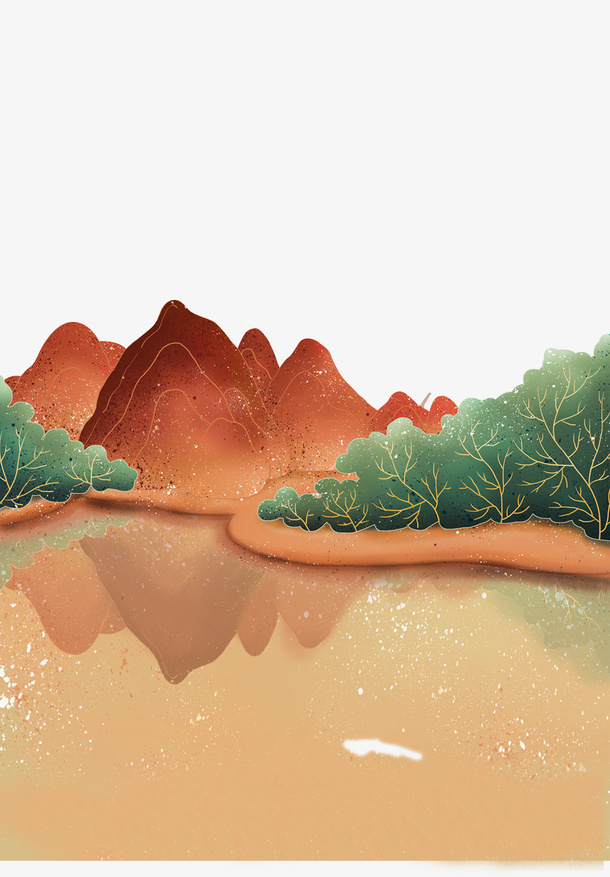 手绘山水国风插画免抠