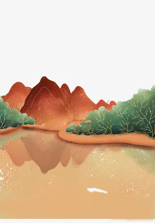 手绘山水国风插画免抠