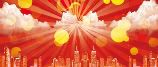 红色喜庆卡通扁平城市背景banner高清