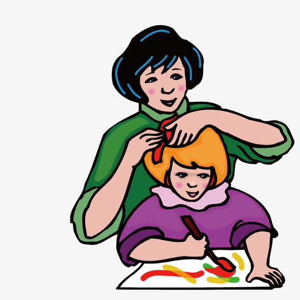 教女儿画画的母女免抠