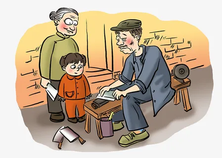 漫画插画奶奶带着孩子磨刀免抠