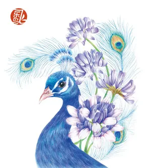 手绘蓝色孔雀紫色花朵免抠背景H5背景元素