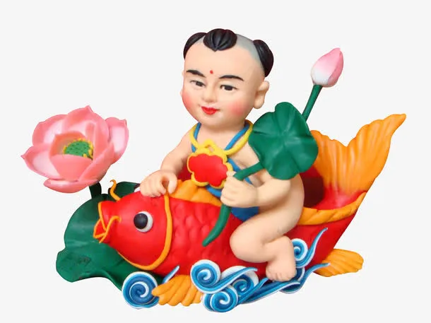 面塑小孩骑鲤鱼免抠