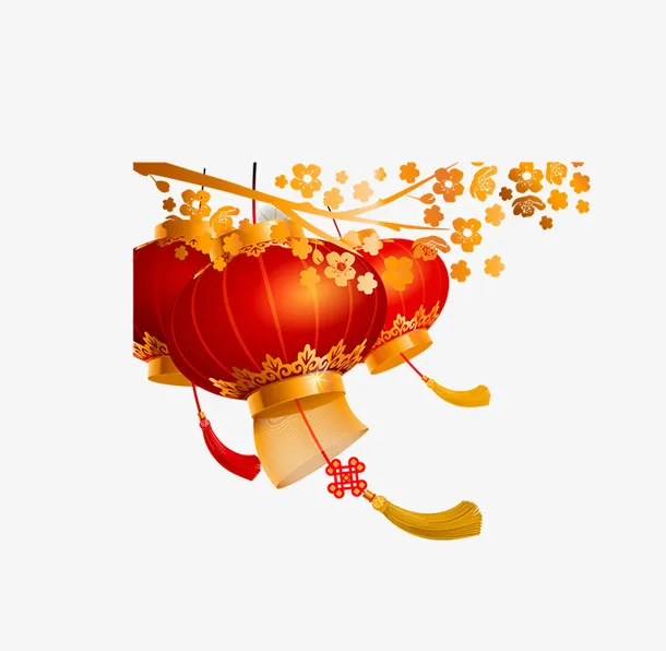 金色梅花与红灯笼免抠
