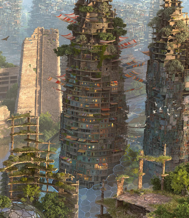 手绘废墟城楼插画免抠