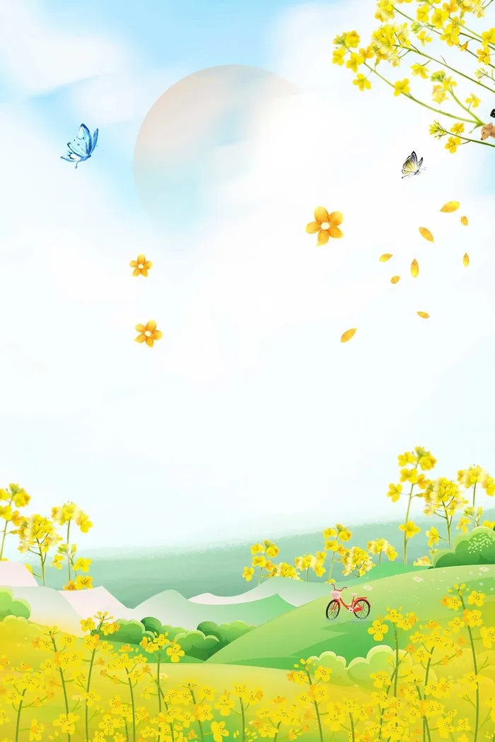 小清新春天你好油菜花风景插画高清