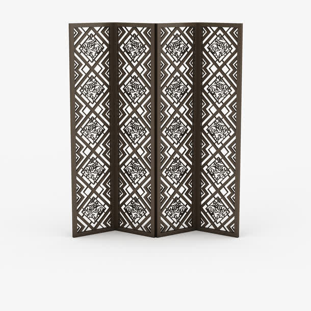 棕色方格条纹日式屏风免抠