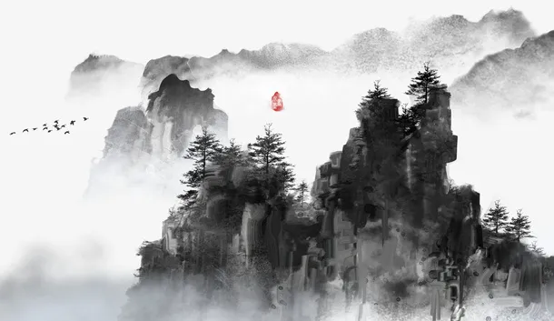 古典水墨古风山水画免抠
