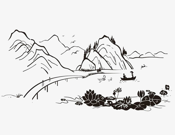 江南夏季山水简笔画免抠