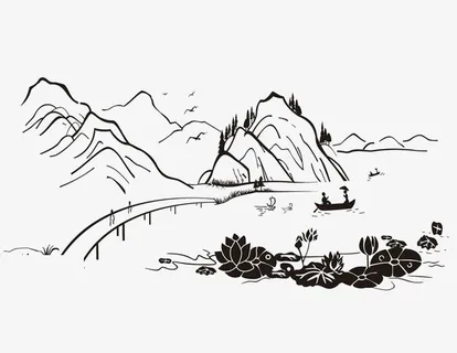 江南夏季山水简笔画免抠