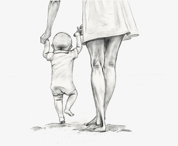 手绘素描母亲牵着孩子走路免抠