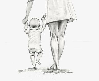 手绘素描母亲牵着孩子走路免抠