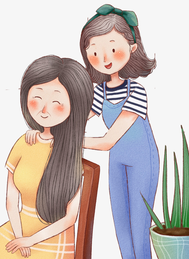 手绘人物插图母亲节给妈妈捶背的免抠