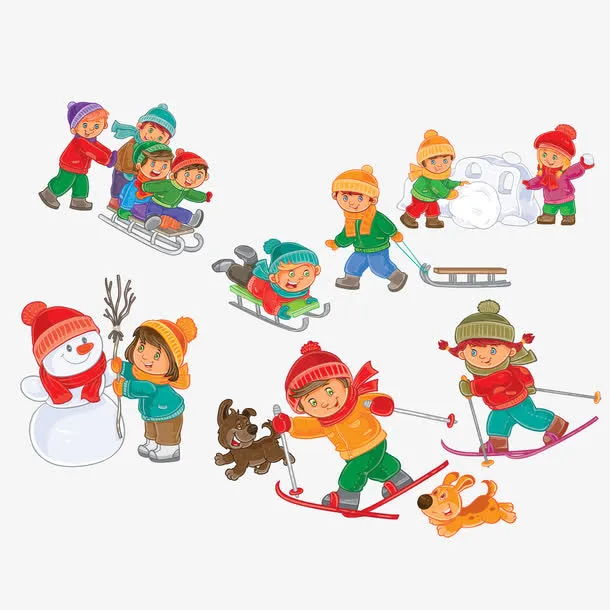 滑雪堆雪人的孩子们免抠