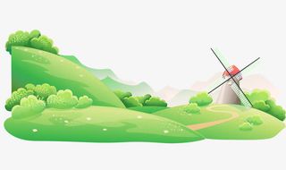 卡通手绘童话绿色草地和风车免抠