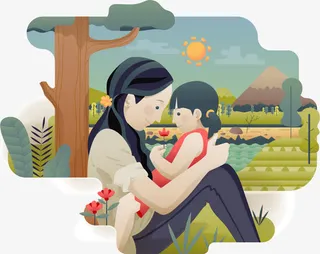 温馨母女矢量插画免抠