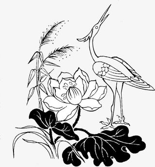 黑白国画站立的鹤免抠