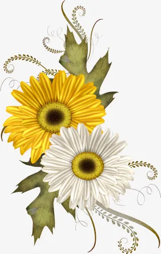 手绘向日葵树枝免抠