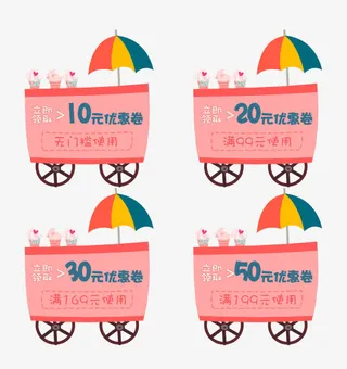 卡通手绘粉红色小车优惠券免抠