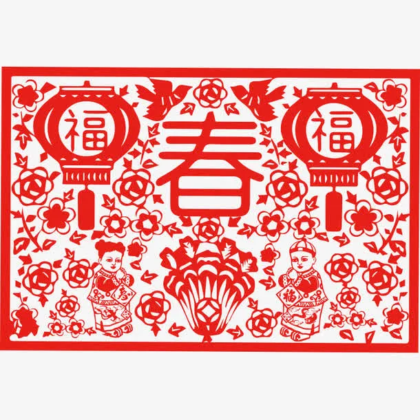 卡通红色中国风新春剪纸免抠