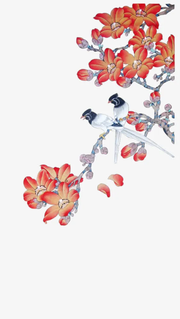 喜鹊花枝红色花朵手绘免抠