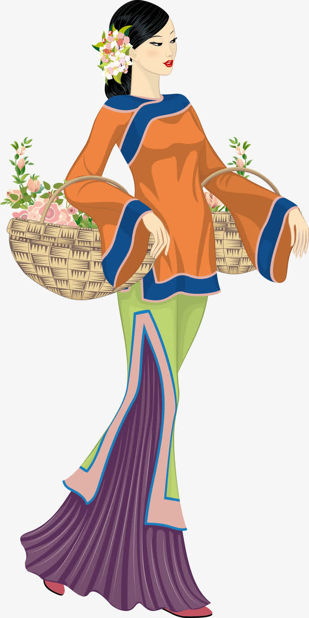 矢量挎着竹篮的古代美女免抠