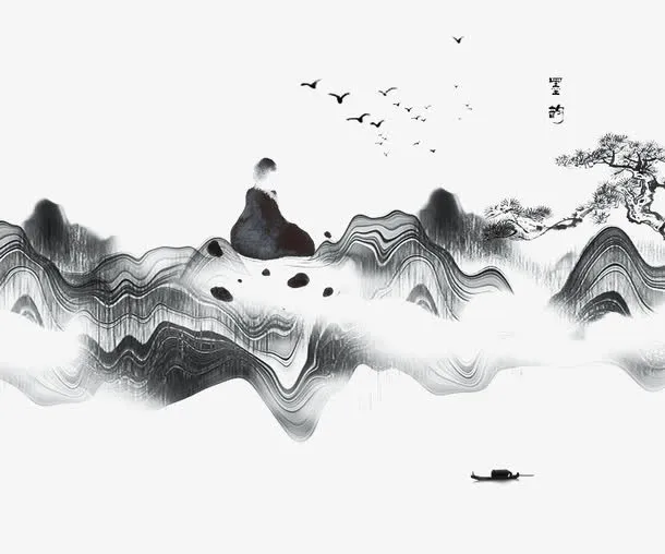 卡通手绘禅意风景画免抠