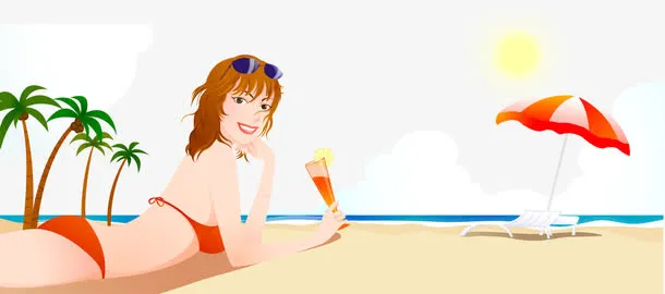 卡通比基尼美女饮料沙滩椰树免抠