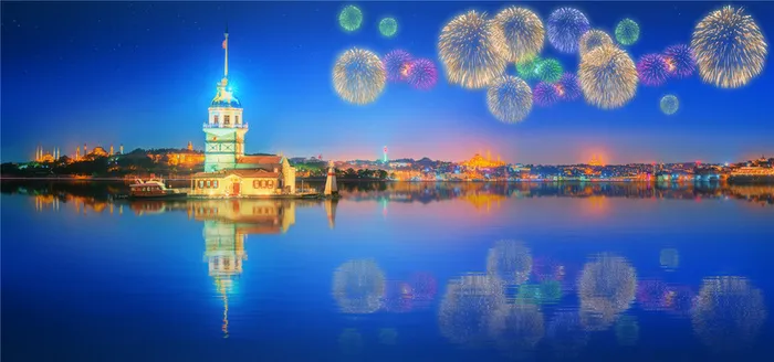 绚丽烟花城堡建筑海报背景高清