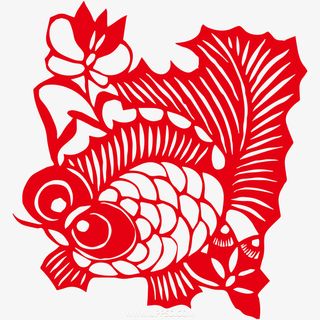 春节红纸剪影金鱼免抠